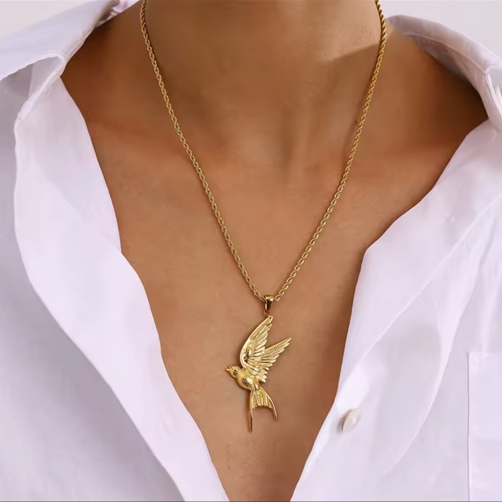 Swallow Peace Bird 18k Gold Stainless Steel Ring, Earrings, Necklace Set - Picture 8 of 17